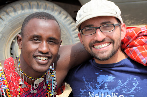 Spencer West with Wilson Meikuaya, a Maasai warrior in Kenya, 2010